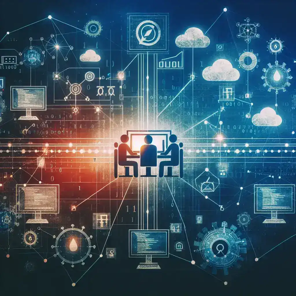"Equipo de profesionales colaborando en un proyecto de programación a distancia utilizando herramientas digitales, ilustrando la eficacia del trabajo remoto en la guía definitiva sobre herramientas para programar en equipo."