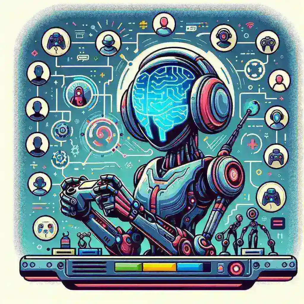 "Ilustración de un sistema de emparejamiento en juegos multijugador impulsado por inteligencia artificial, mostrando gráficos de algoritmos y jugadores interactuando en un entorno virtual."