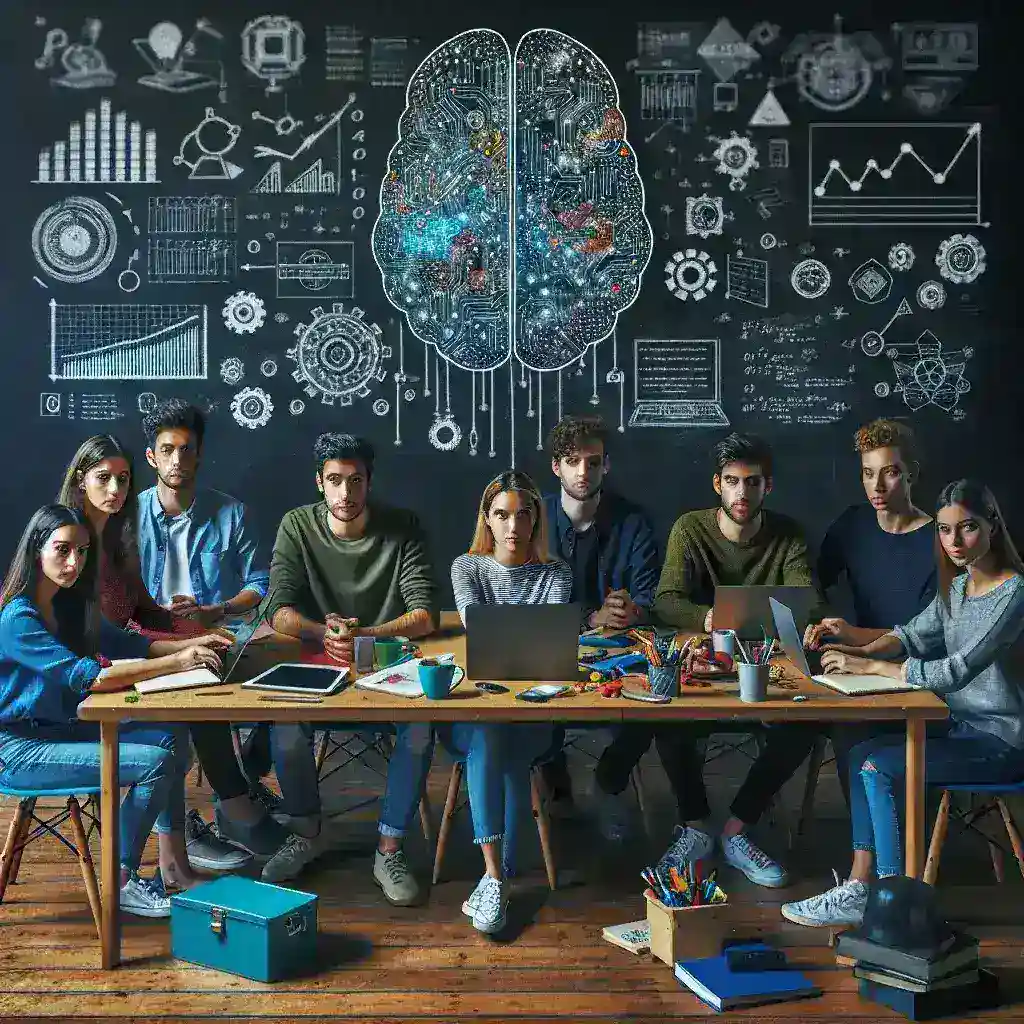 "Jóvenes desarrolladores españoles discutiendo el impacto de la IA en el empleo en una reunión, resaltando las nuevas oportunidades y desafíos laborales en la era digital."
